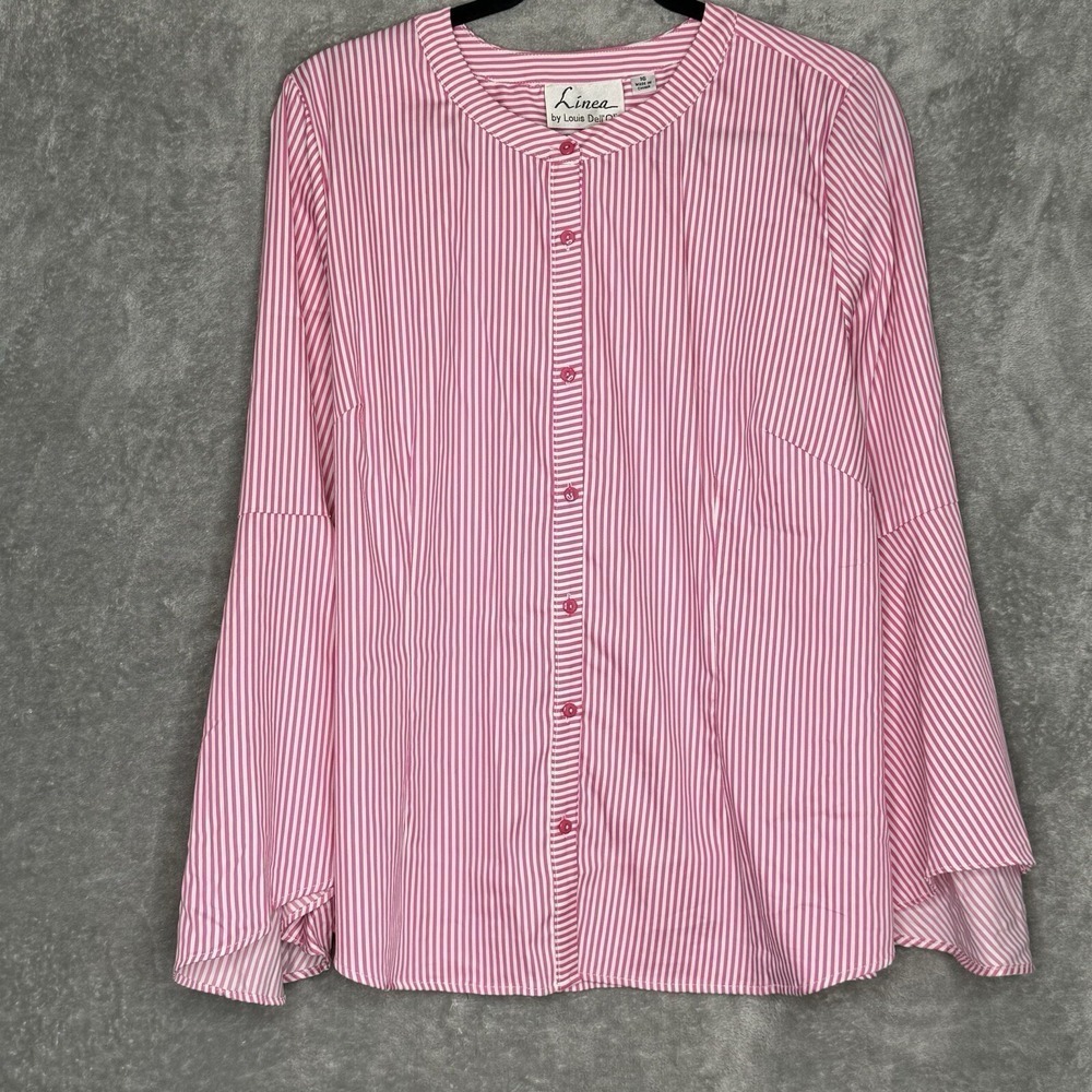 Linea 16 XL Top Shirt‎ Pink Striped Button Up Bell Long Sleeve Scoop Neck Women